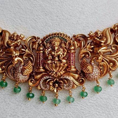 Handmade Brass Metal Jewellery Lakshmi Green Necklace Set